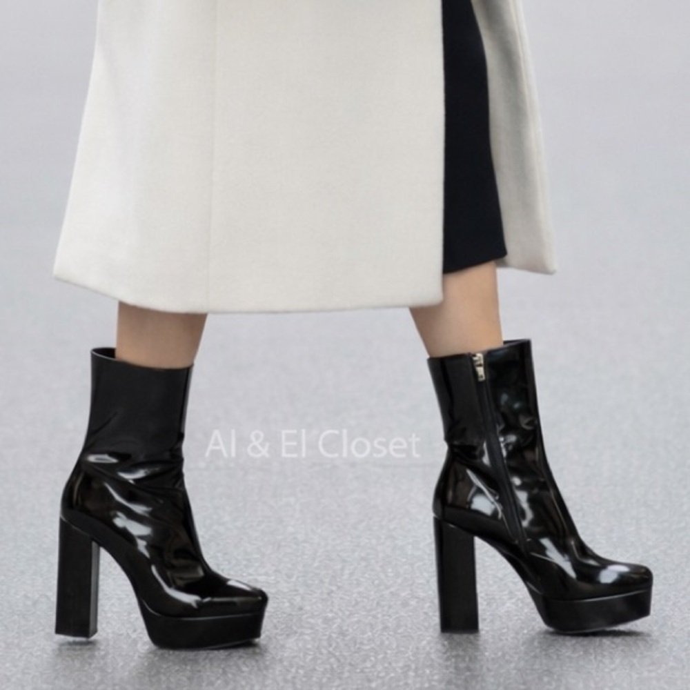 Guess BYRA Women’s Platform Block Heel Ankle Boots Black Patent, Size 9.5 NWB